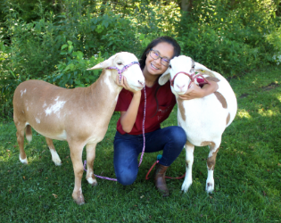 Girl kneeling in grassing hugging two goats